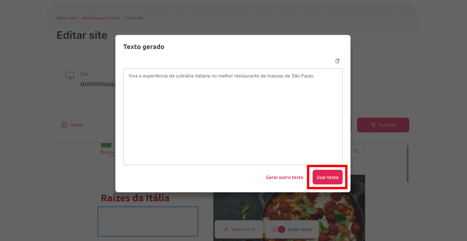 [Alt text: Imagem do novo texto gerado pela IA. O botão para usar o texto foi posicionado no canto inferior direito.